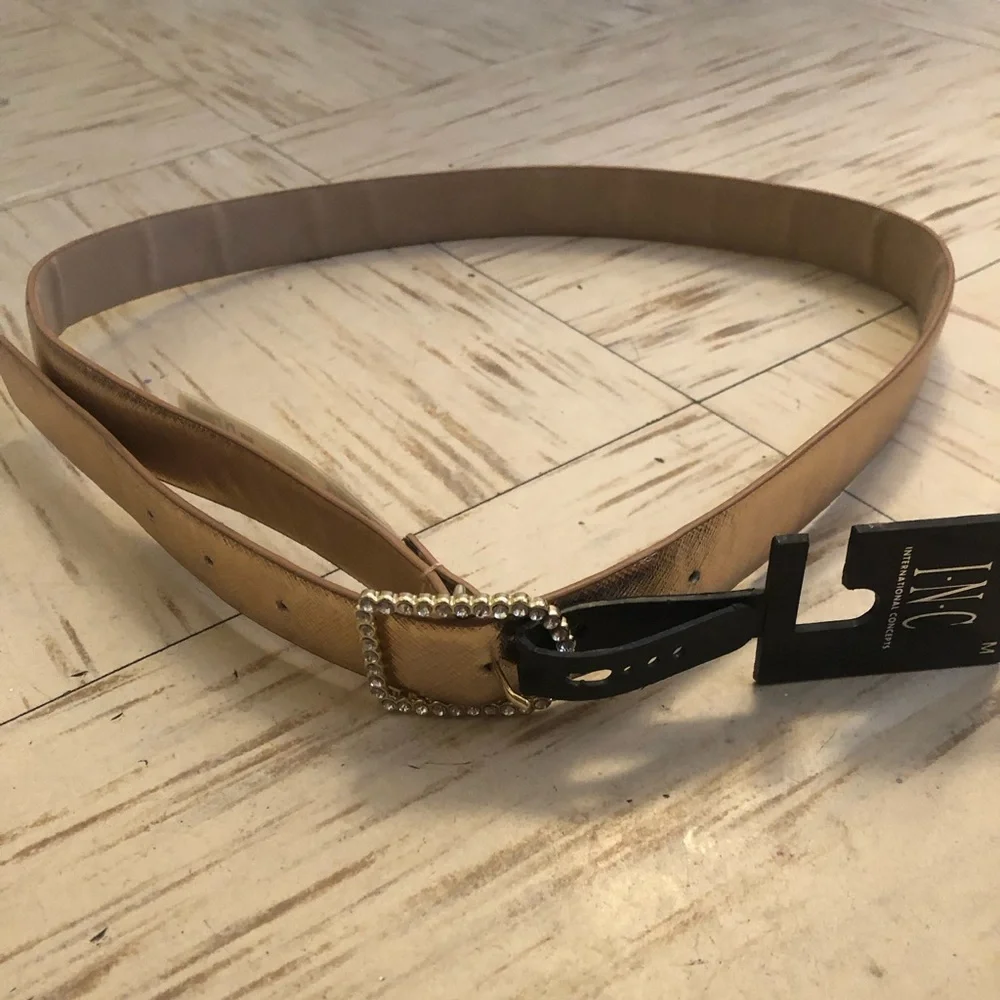INC International Concepts Women’s Rhinestone-Buckle Belt, Gold, Medium
